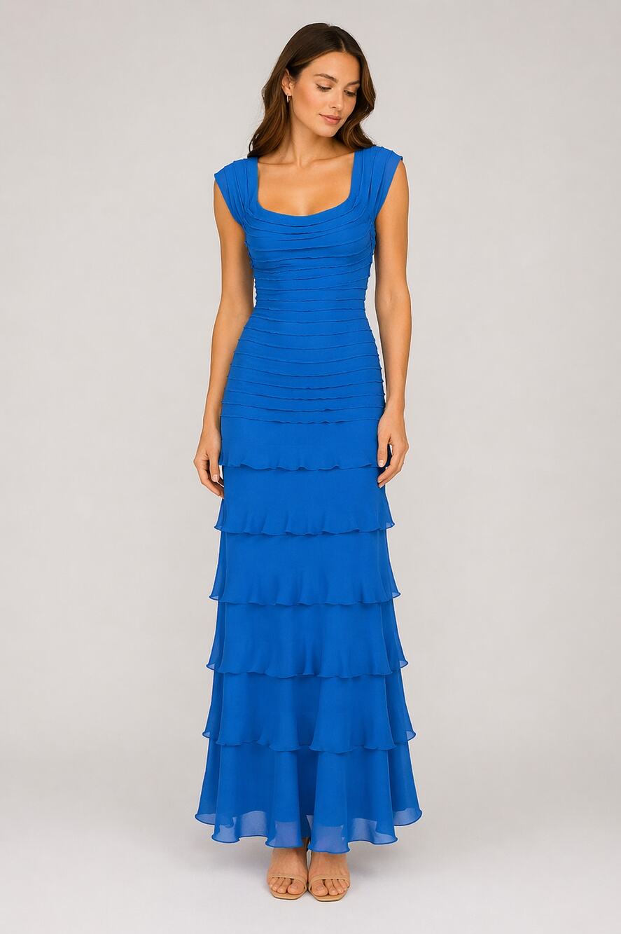 Tadashi Collection Tiered Ruffle Maxi Gown Dress Sapphire Blue 100% Silk Size 10